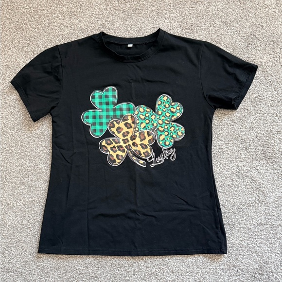 SHEIN Tops - SHEIN St. Patrick’s Day Black Tee with Plaid and Leopard Shamrocks